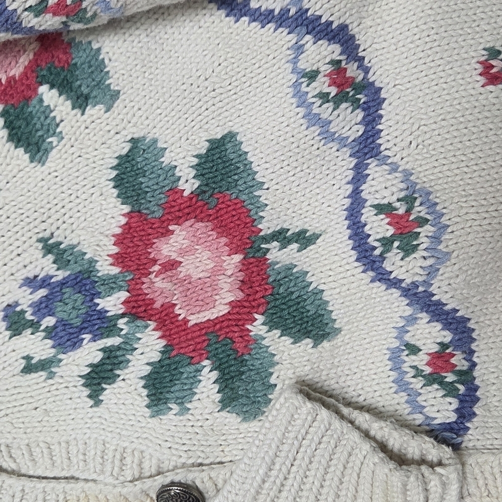 Vintage Tat Floral Hand Knitted Open Cardigan Coastal Sweater Sz L Ramie Blend - Picture 10 of 10
